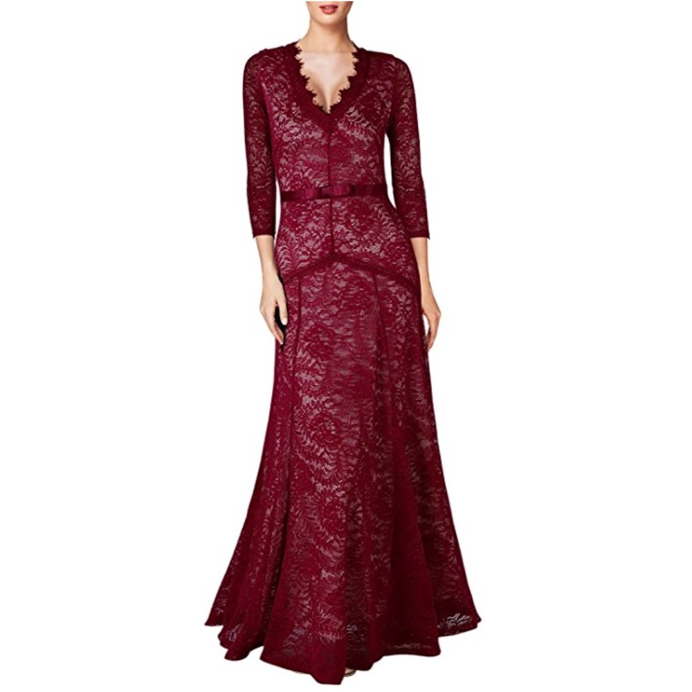 Stretchy red and tan lace gown